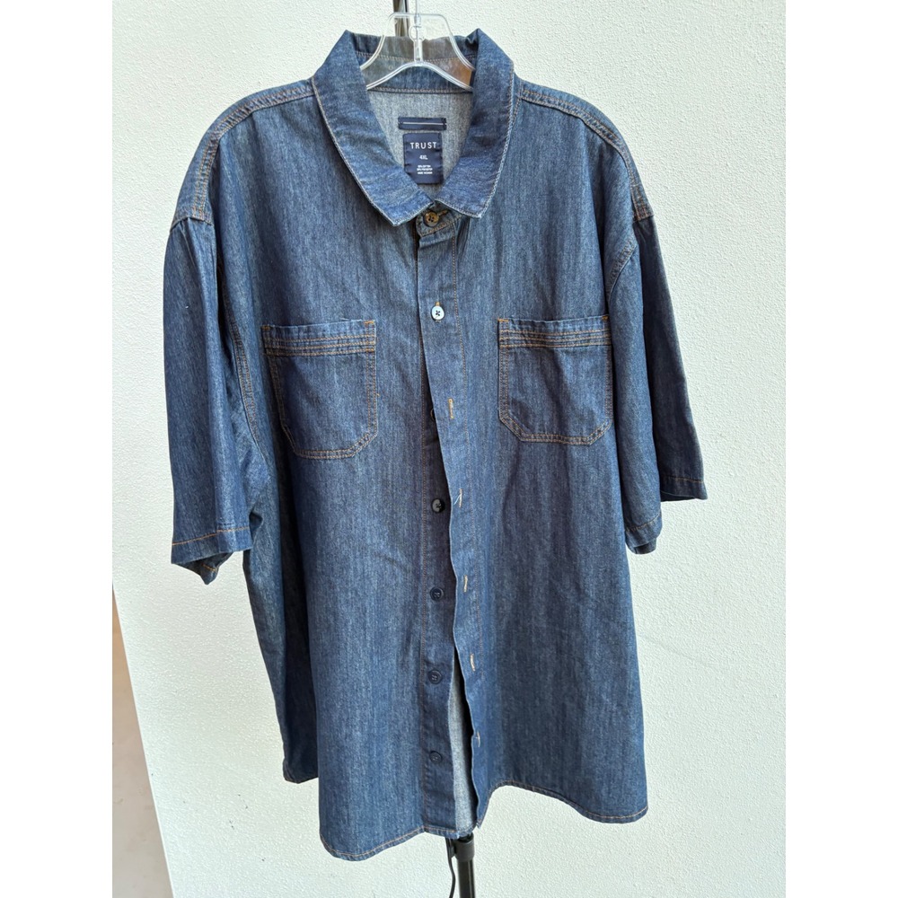 Trust Mens 4XL Blue Denim Short Sleeve Button Down Shirt Dual Pocket Workwear